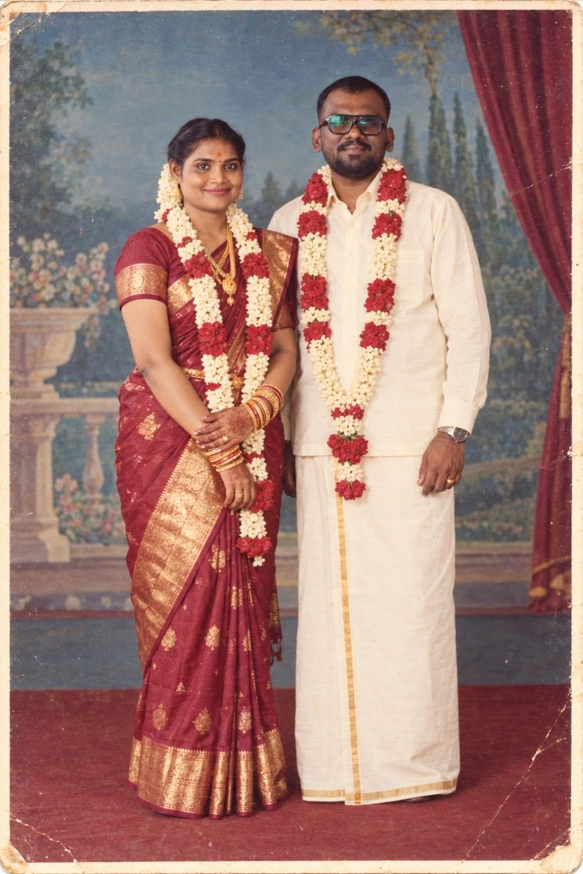 Santhapriyan and Vanisree in wedding garlands, bride in a maroon silk saree and groom in a white veshti